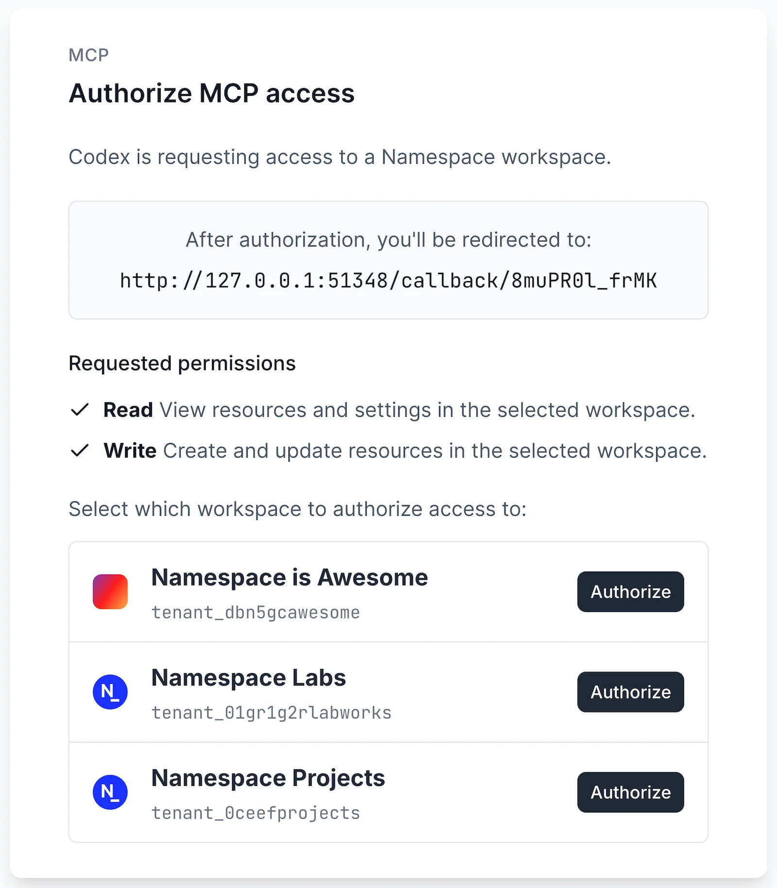 Authorize MCP access page in Namespace, showing the requested Read and Write permissions and a list of workspaces, each with an Authorize button