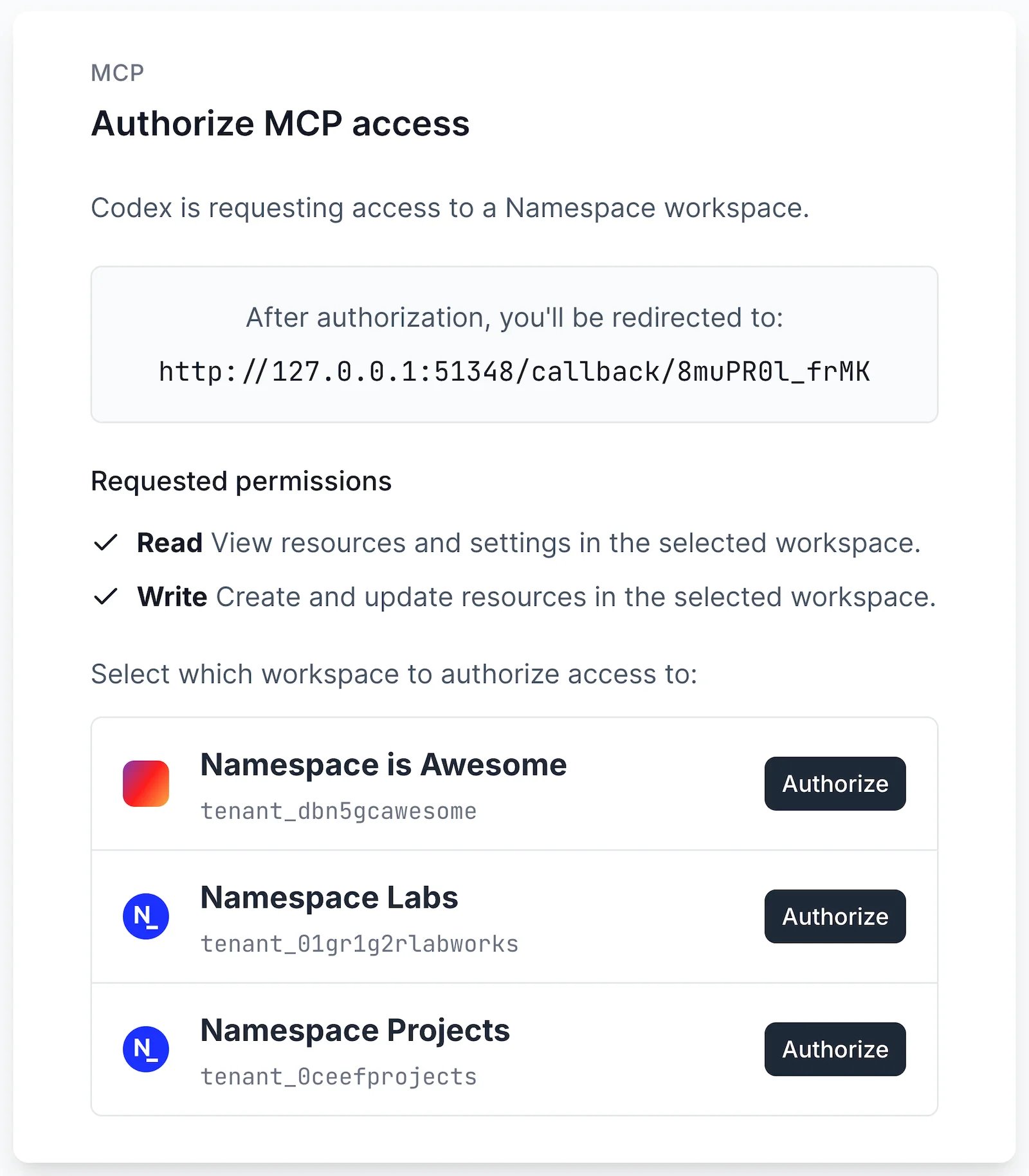 Authorize MCP access page in Namespace, showing the requested Read and Write permissions and a list of workspaces, each with an Authorize button
