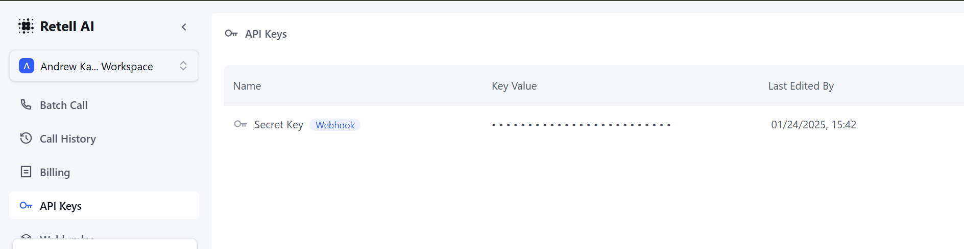 Retell AI API Keys Menu
