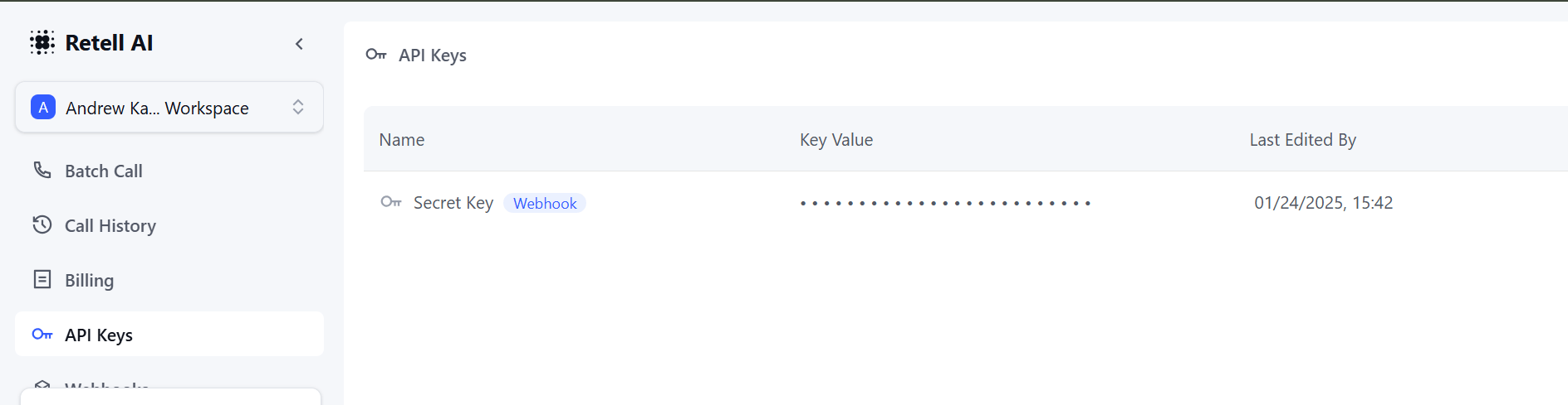 Retell AI API Keys Menu