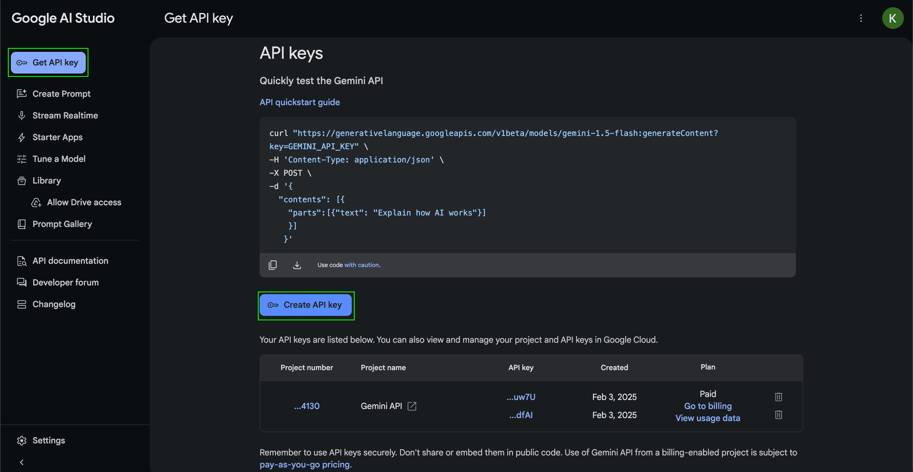 Google AI Studio Get API Key button in the left sidebar