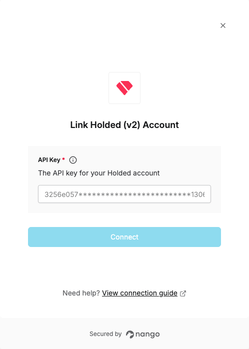Nango connection form for Holded (v2) with the API Key field