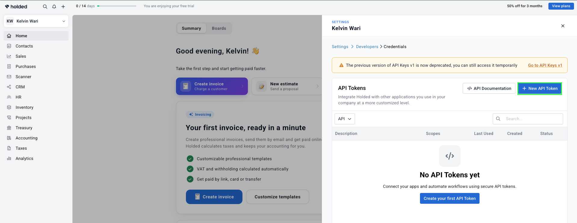 Holded API settings page with the dialog for creating a new API token