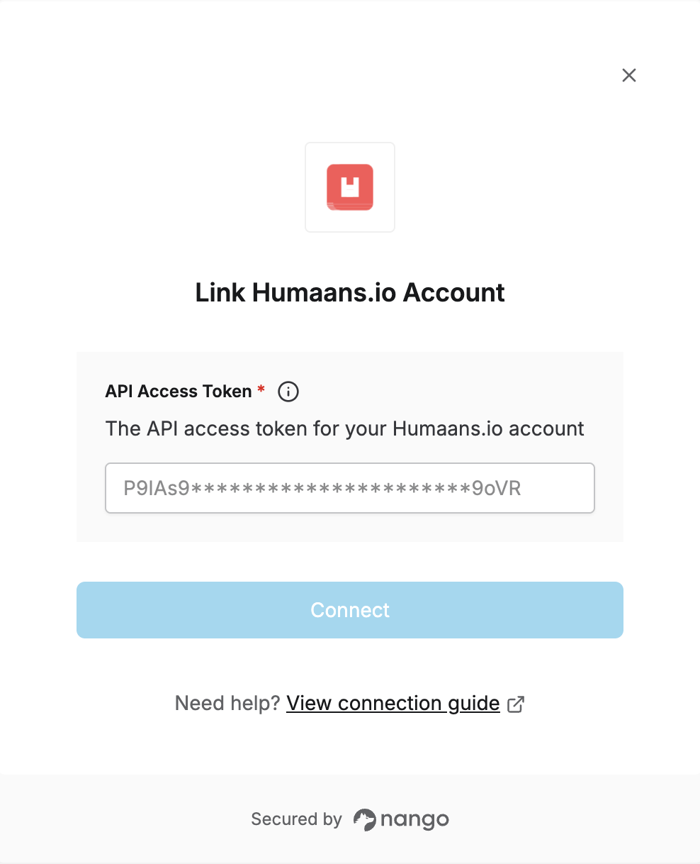Humaans.io connection form with API Access Token field