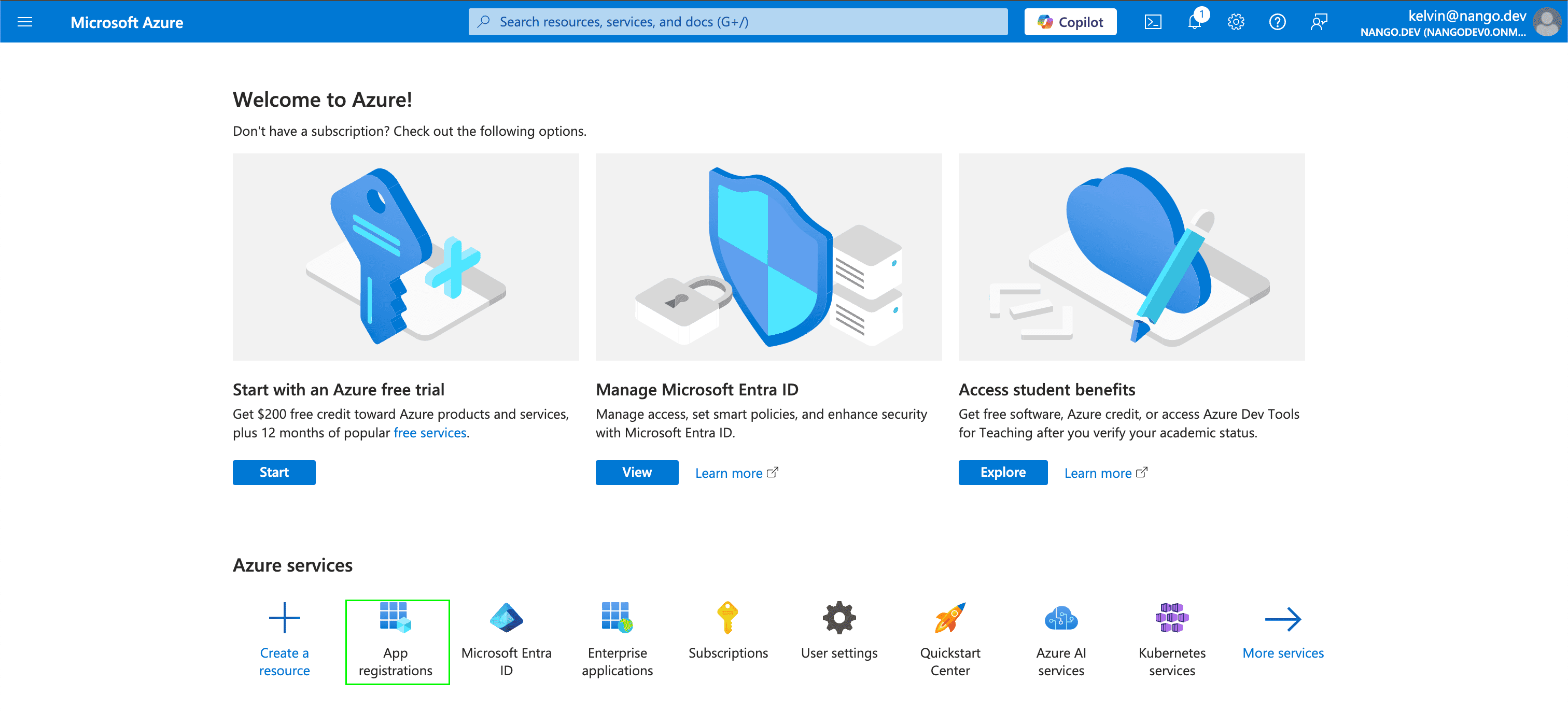 App registrations option in the Azure portal