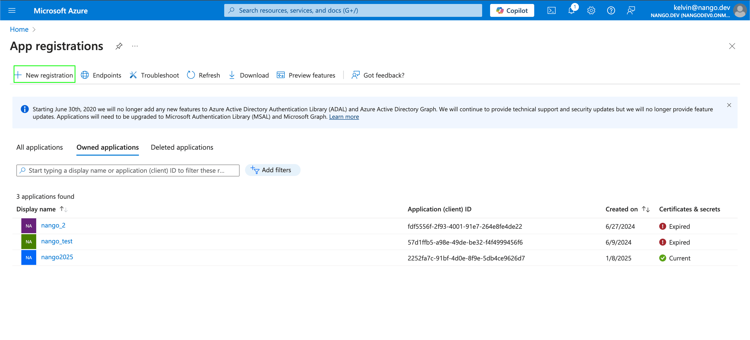 New registration button in Microsoft Entra ID app registrations
