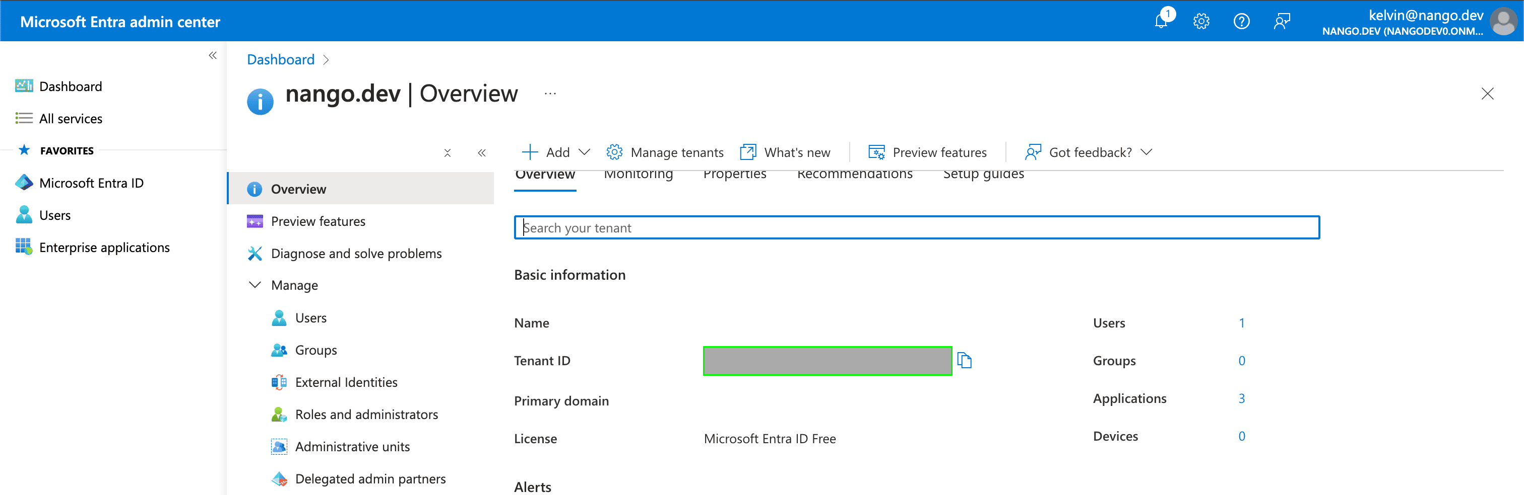 Tenant ID field on the Microsoft Entra ID Overview page