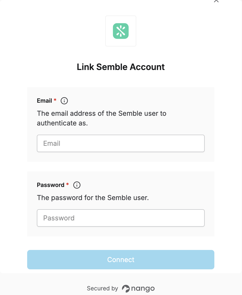 Semble connection form with Email and Password fields