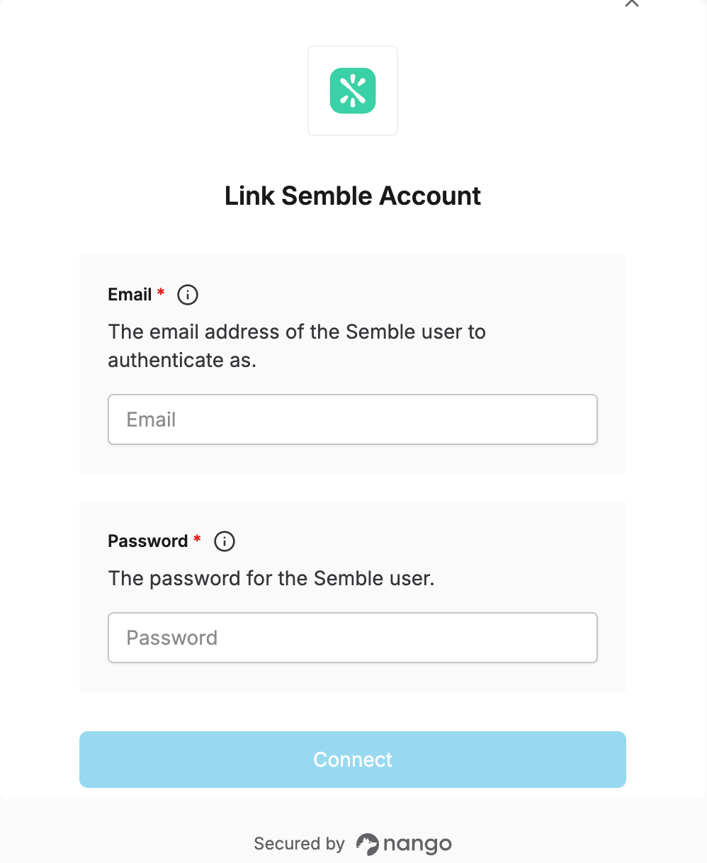 Semble connection form with Email and Password fields