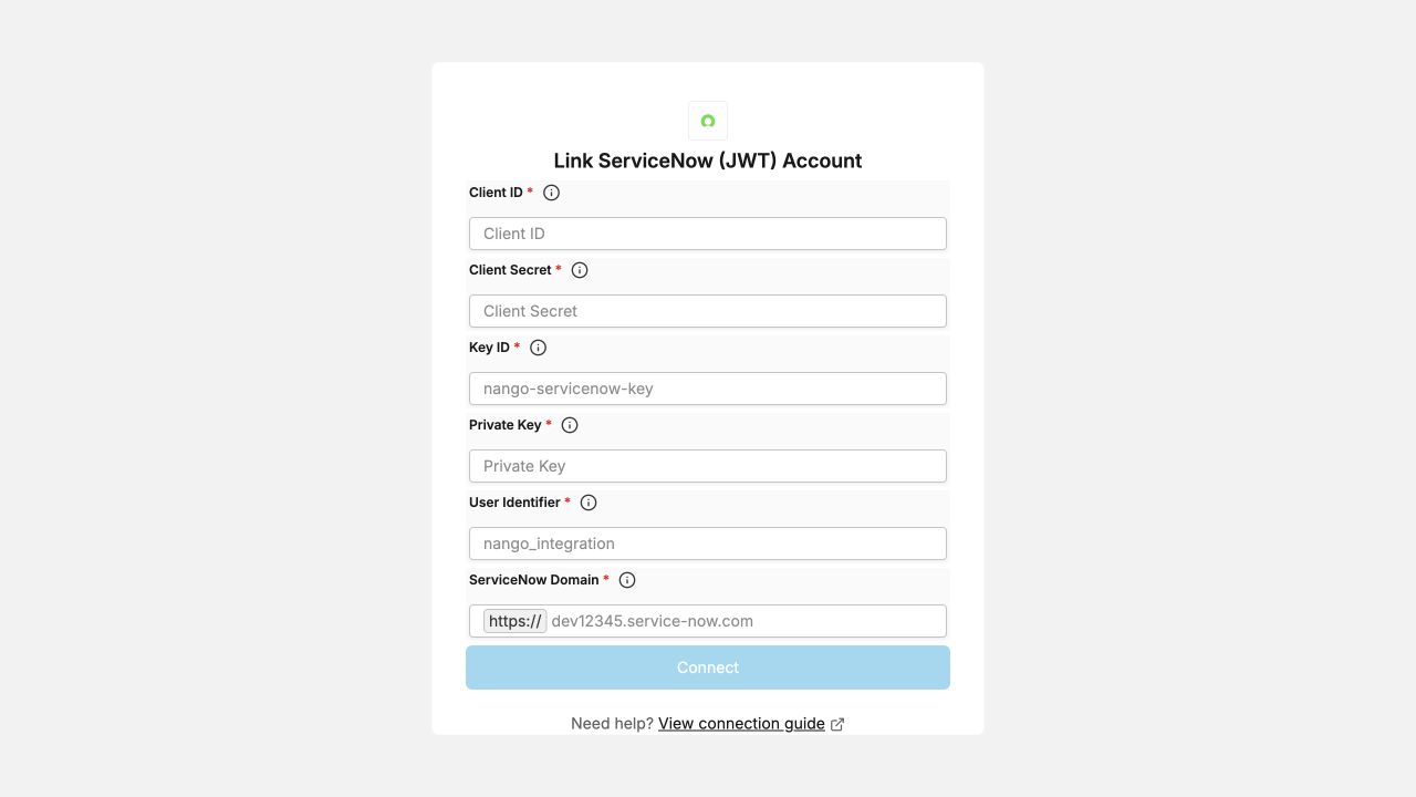 Nango ServiceNow JWT connection form