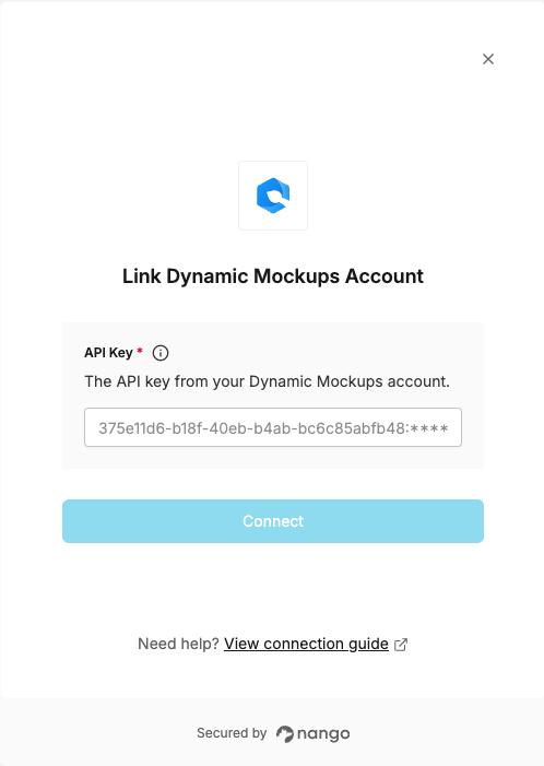 Dynamic Mockups connection form with API Key field