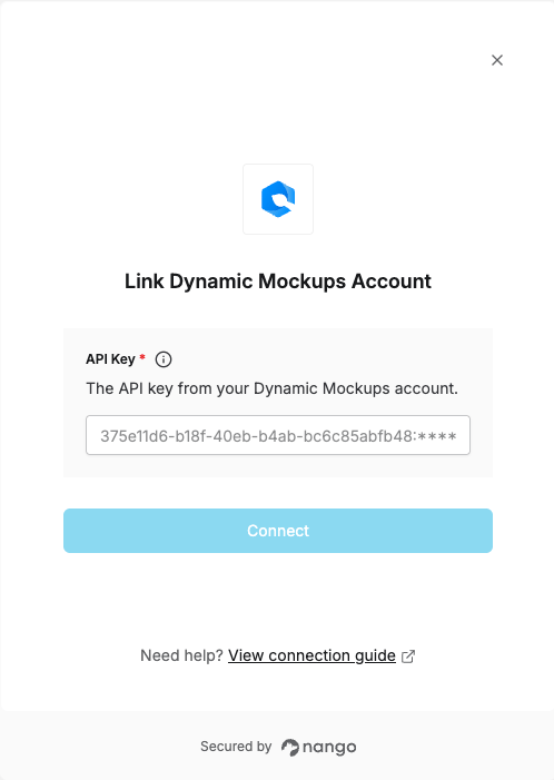 Dynamic Mockups connection form with API Key field