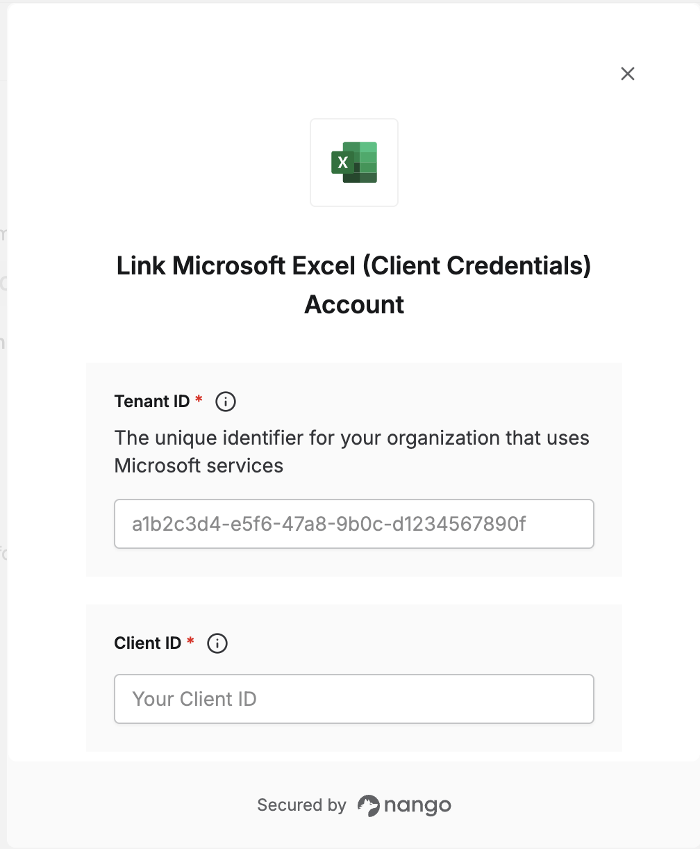Nango Connect UI form with Tenant ID, Client ID, and Client Secret fields for Microsoft Excel