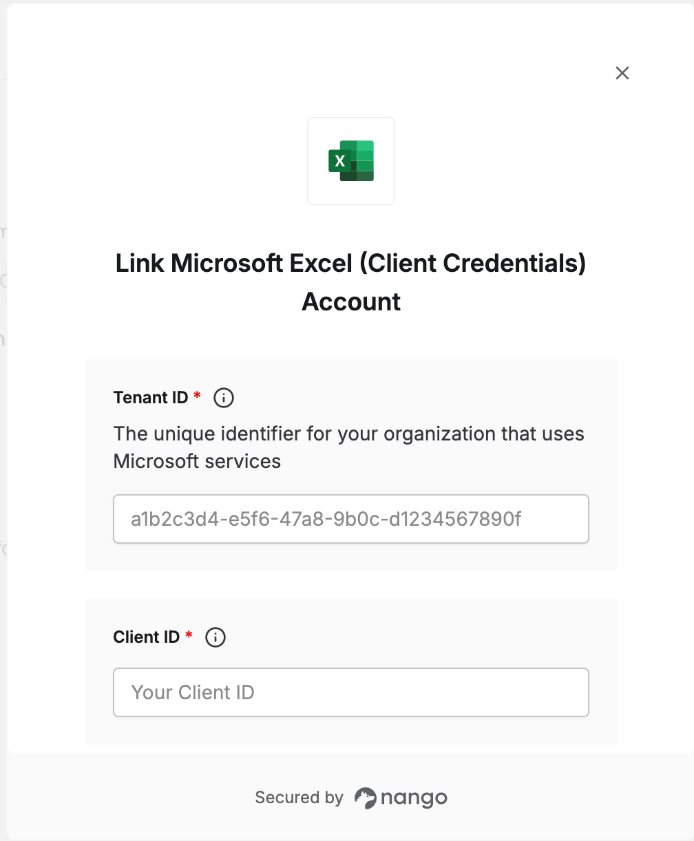 Nango Connect UI form with Tenant ID, Client ID, and Client Secret fields for Microsoft Excel
