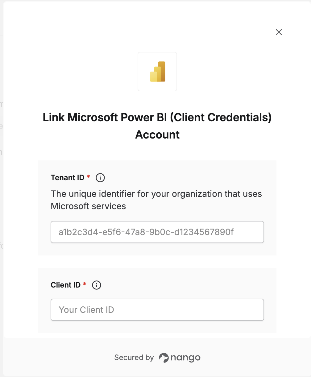 Nango Connect UI form with Tenant ID, Client ID, and Client Secret fields for Microsoft Power BI
