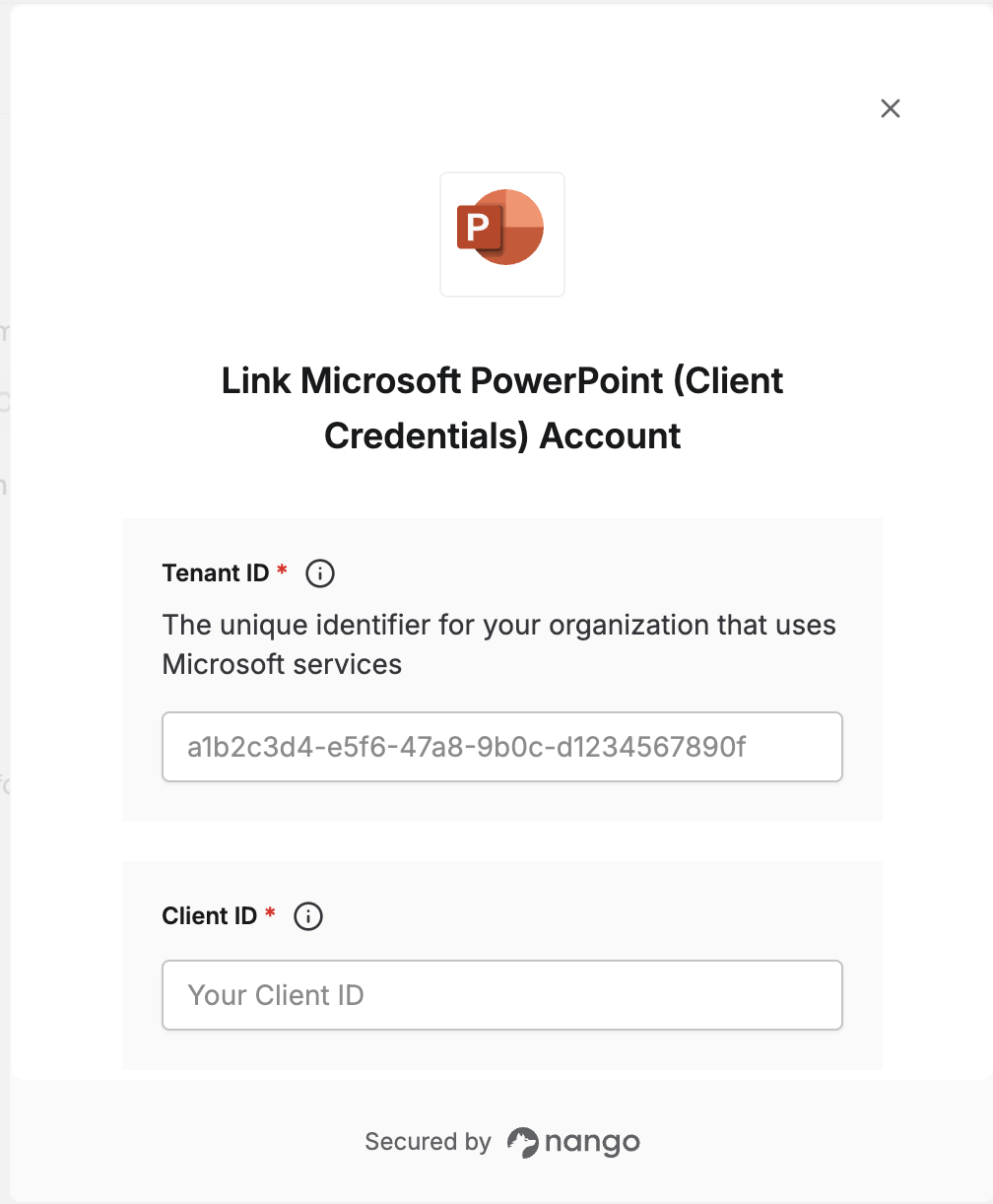 Nango Connect UI form with Tenant ID, Client ID, and Client Secret fields for Microsoft PowerPoint
