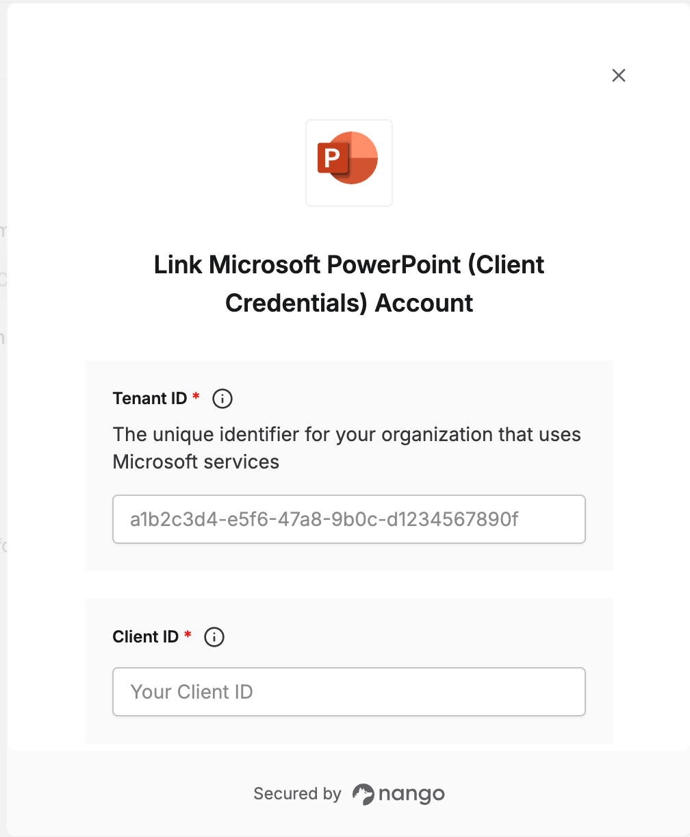 Nango Connect UI form with Tenant ID, Client ID, and Client Secret fields for Microsoft PowerPoint