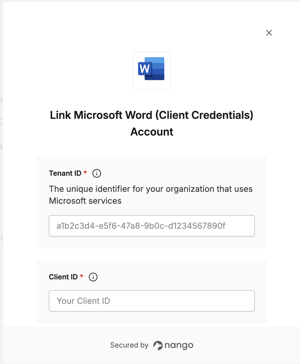 Nango Connect UI form with Tenant ID, Client ID, and Client Secret fields for Microsoft Word