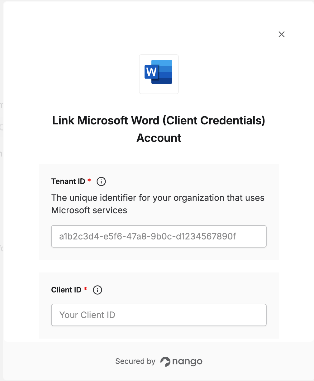 Nango Connect UI form with Tenant ID, Client ID, and Client Secret fields for Microsoft Word