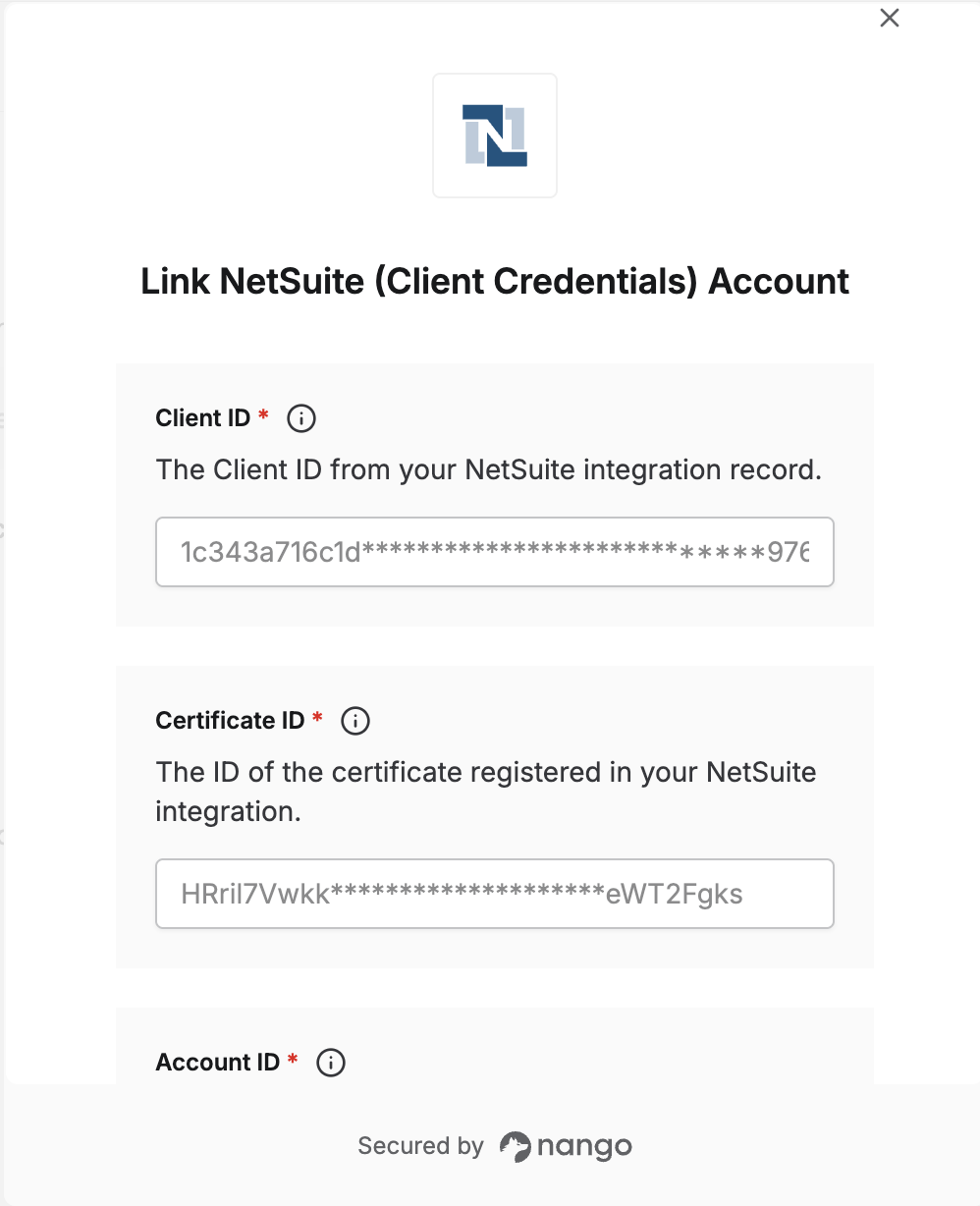 NetSuite Client Credentials connection form