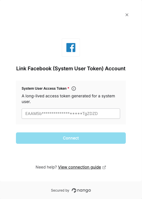 Nango Connect UI form for entering the Facebook system user access token
