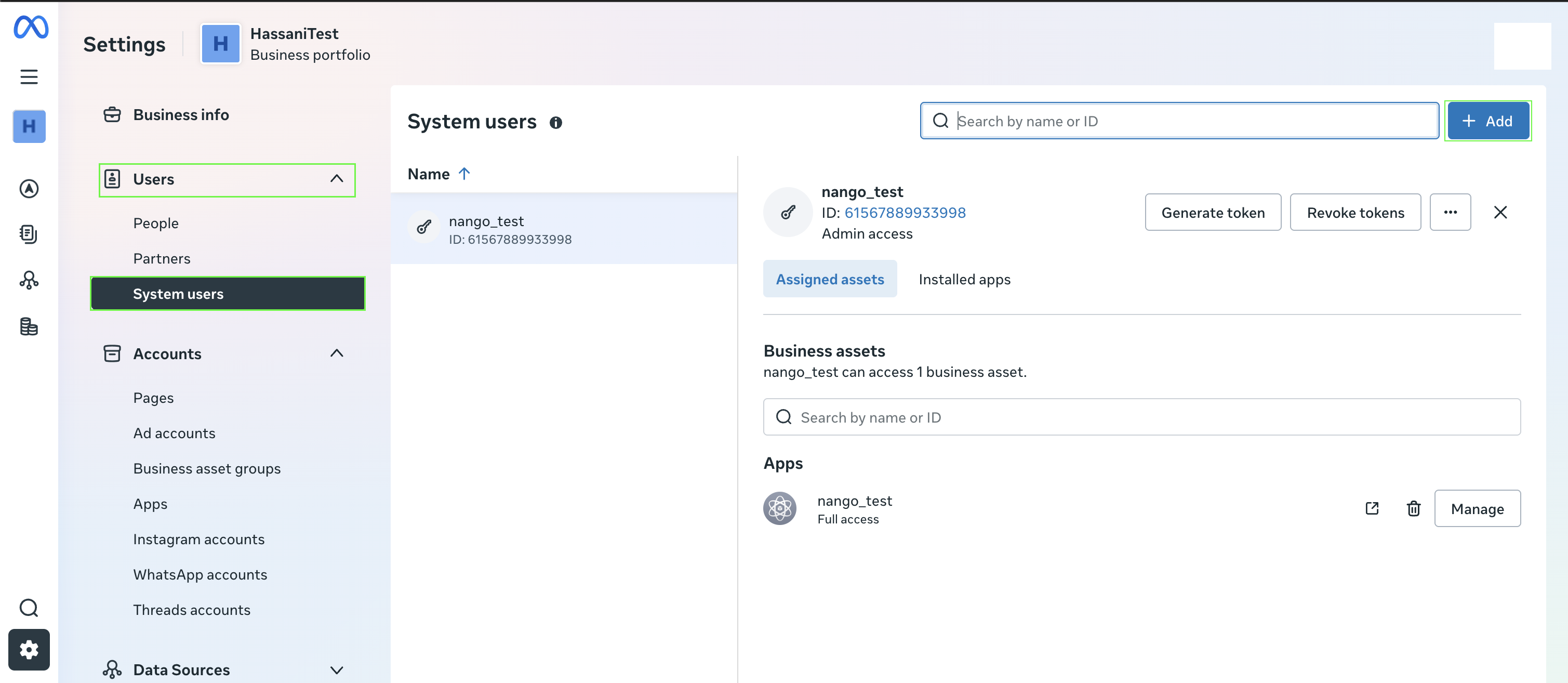 System Users section in Meta Business Settings, showing the Add button and role selection