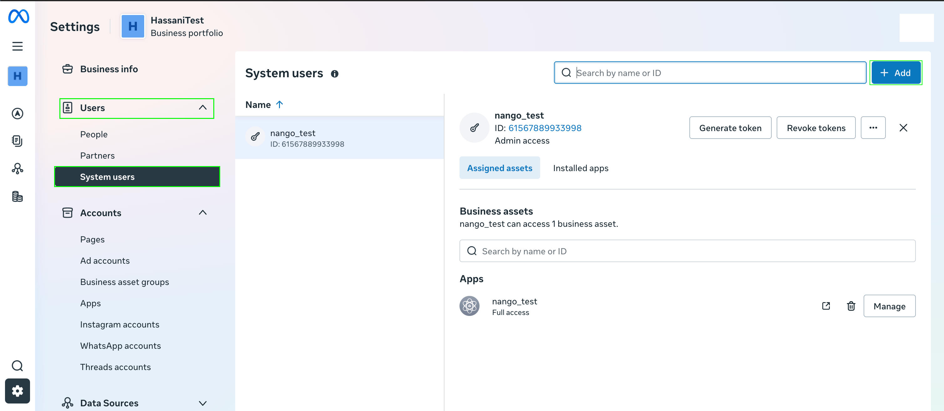 System Users section in Meta Business Settings, showing the Add button and role selection