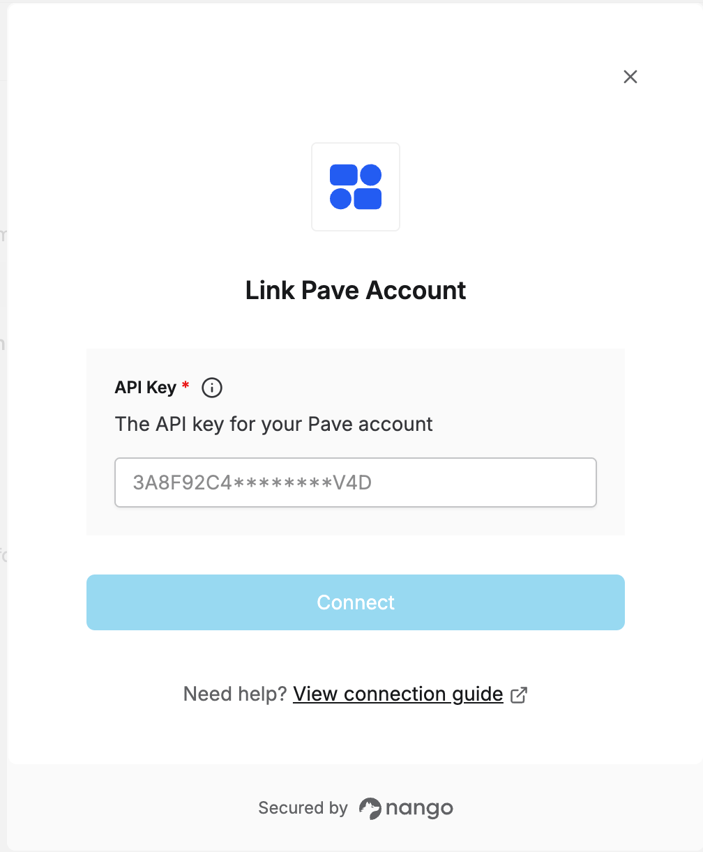 Nango Connect UI form with an API Key input field for Pave
