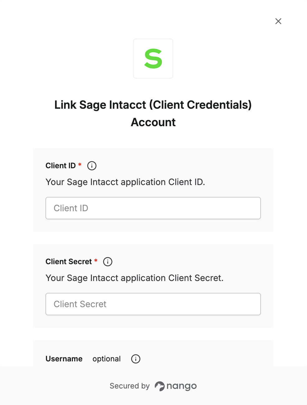 Sage Intacct Client Credentials connect form — Client ID and Client Secret only appear here if they weren't already registered on the integration
