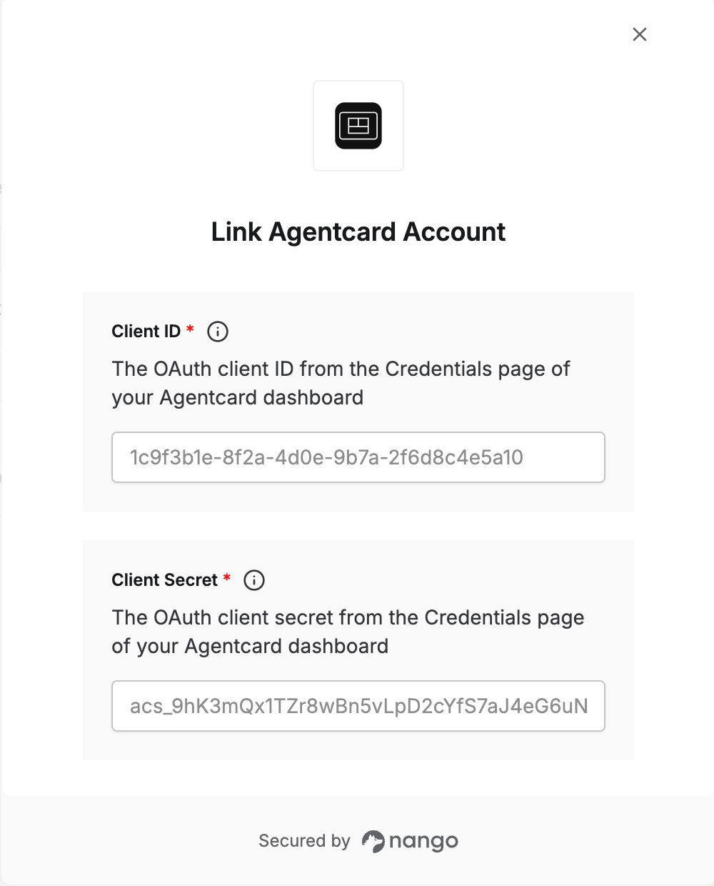 Agentcard Connect form with the Client ID and Client Secret fields