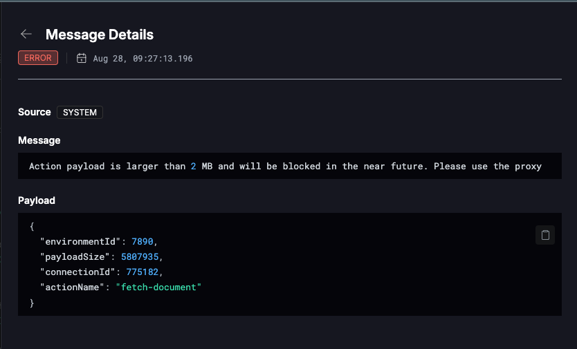 Action output size warning