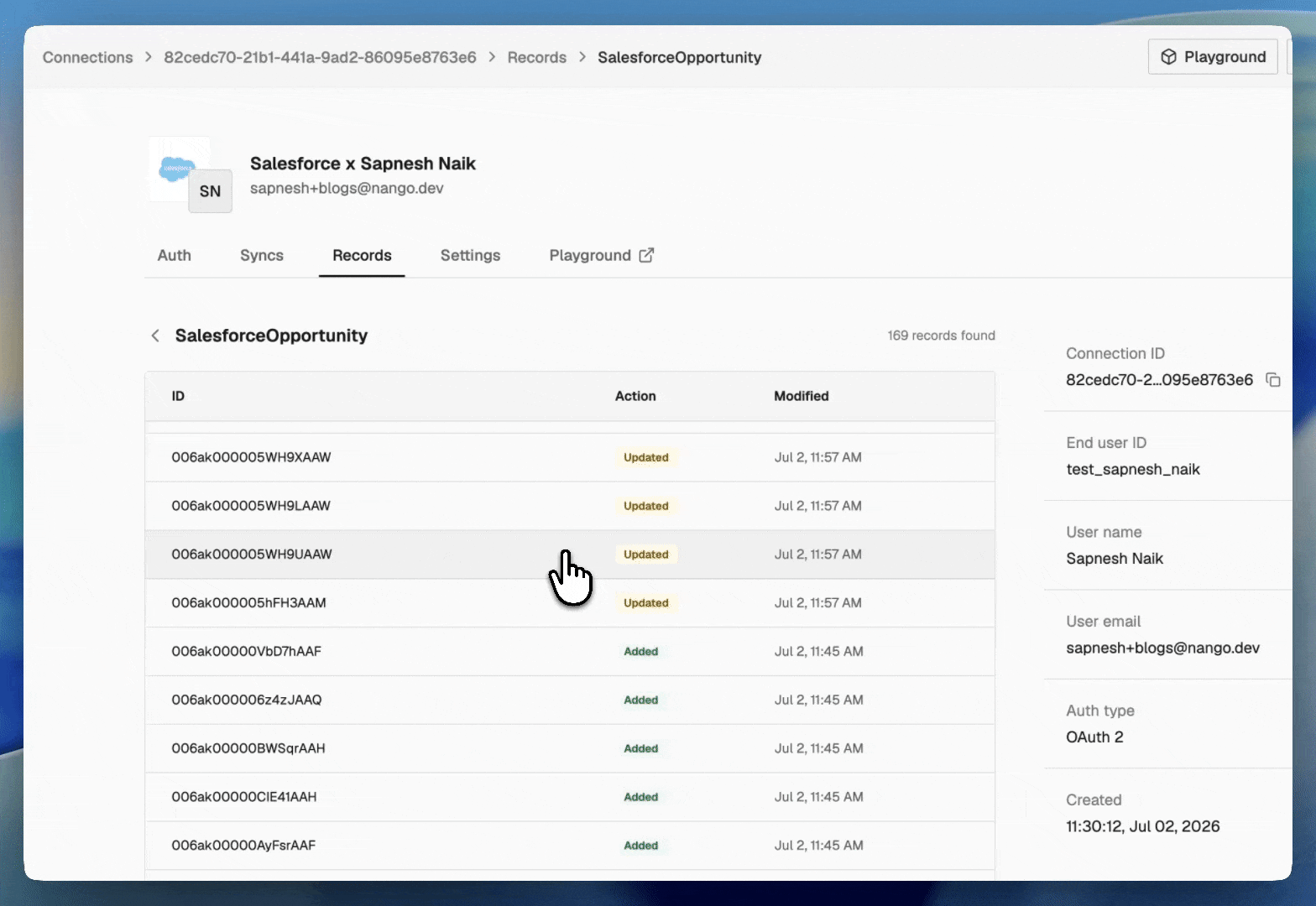 Records tab on the connection page