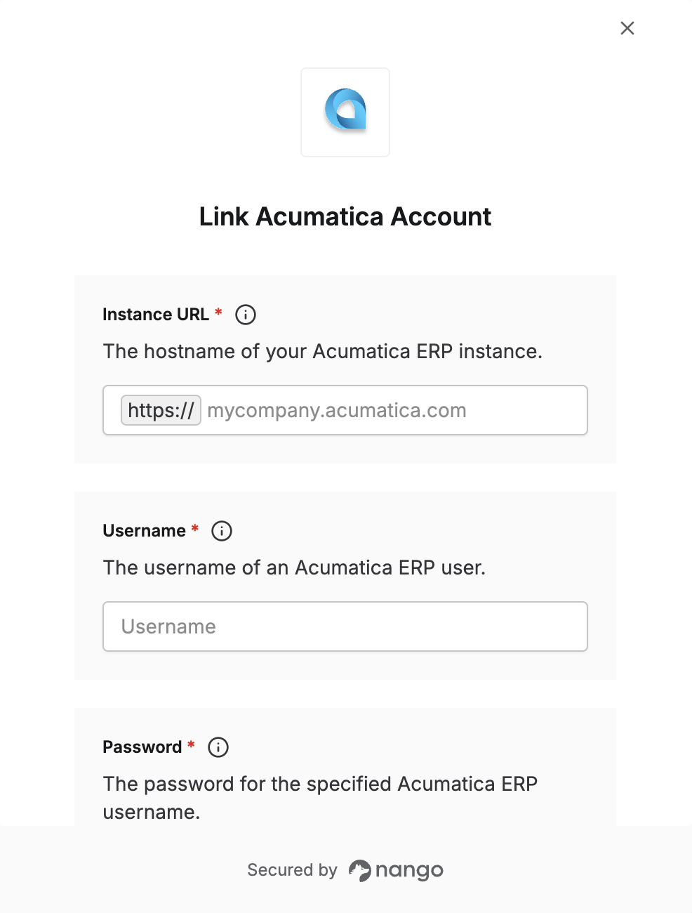 Acumatica connection form with fields for Client ID, Client Secret, and instance URL