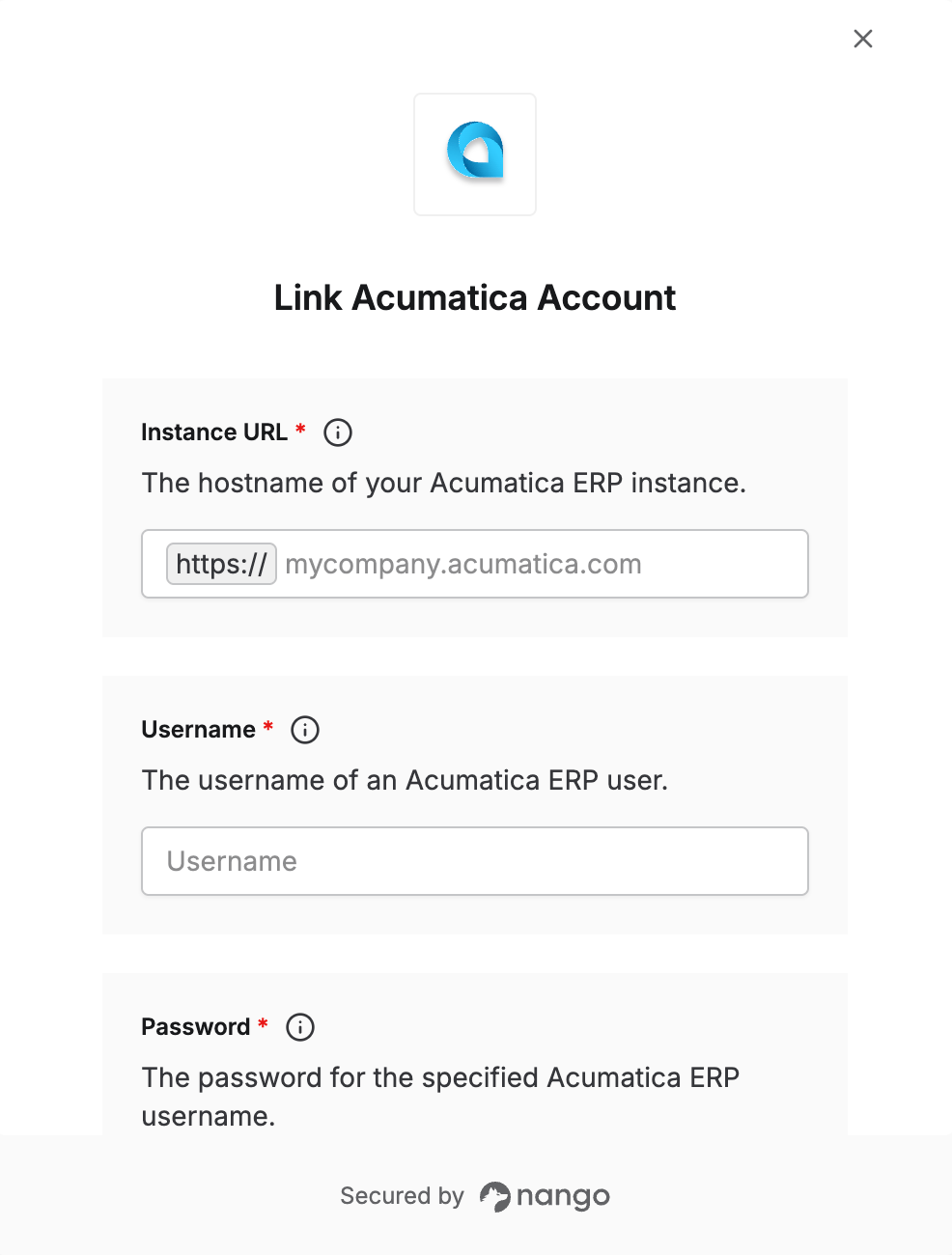 Acumatica connection form with fields for Client ID, Client Secret, and instance URL