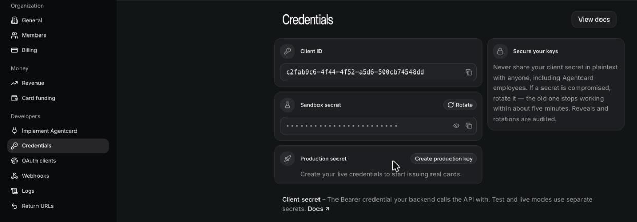 Agentcard Credentials page showing the Client ID and a masked sandbox secret under Settings, Developers, Credentials