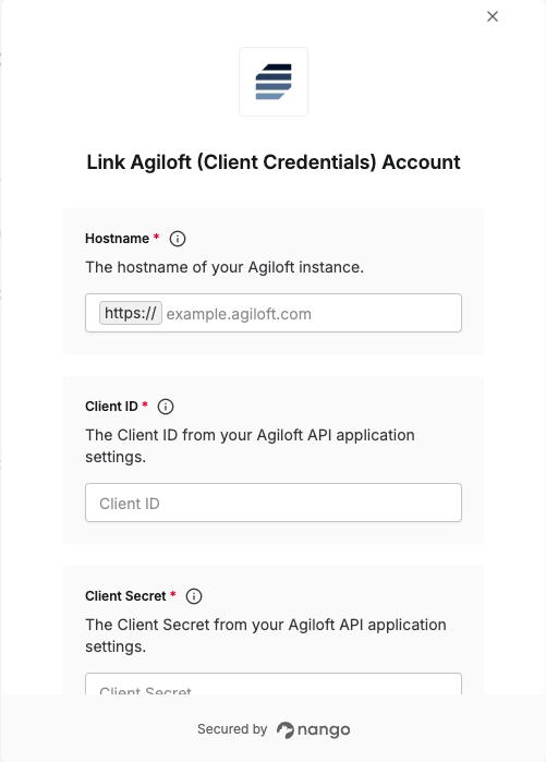 Nango connect form for Agiloft client credentials