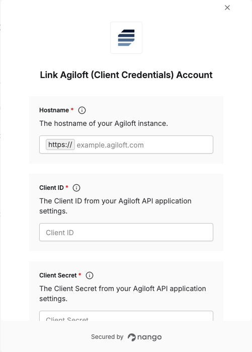 Nango connect form for Agiloft client credentials
