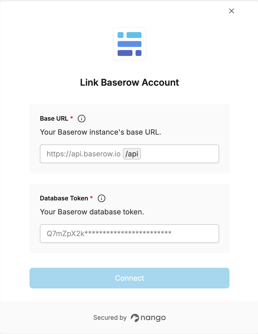 Nango Connect UI form with fields for Base URL and Database Token