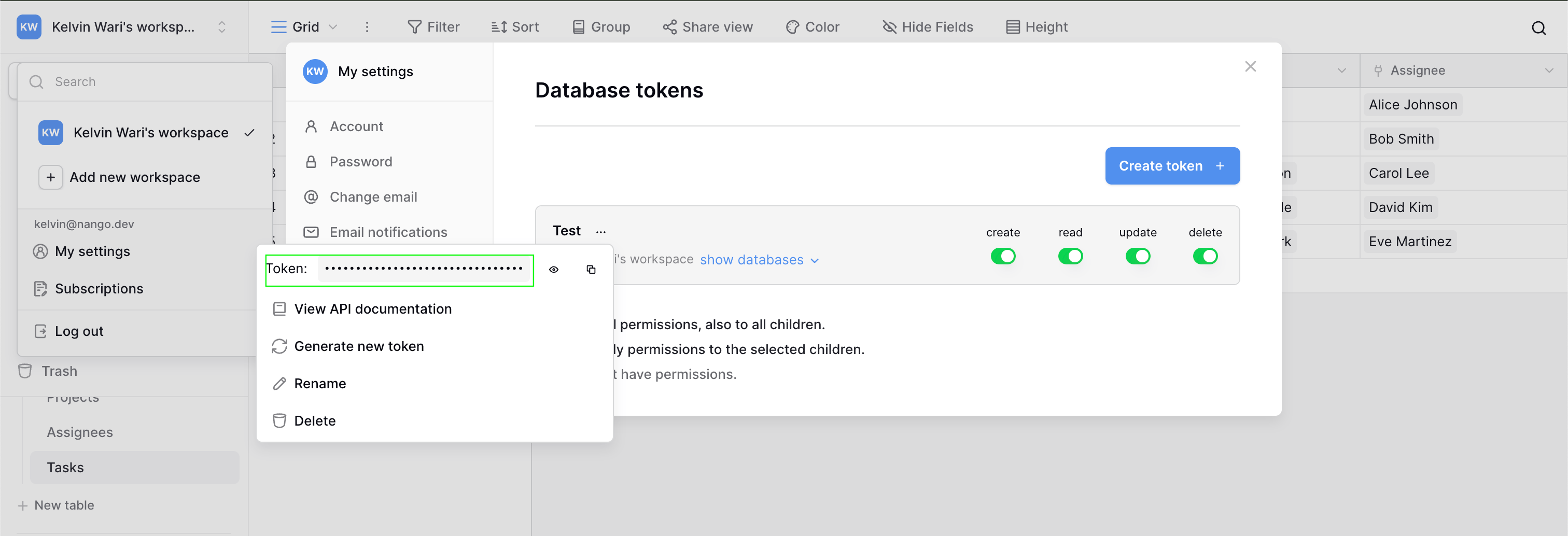 Newly generated Baserow database token with the copy option highlighted