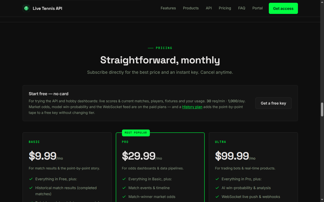 Pricing section on livetennisapi.com showing the free key option and the Basic, Pro and Ultra plans