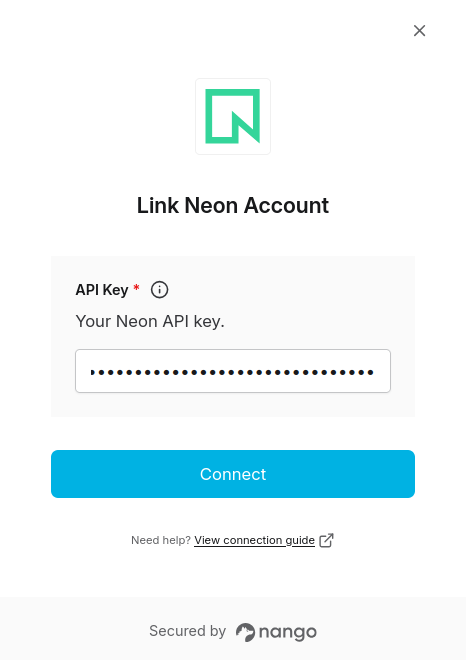 Nango Connect UI form with an API Key field for Neon