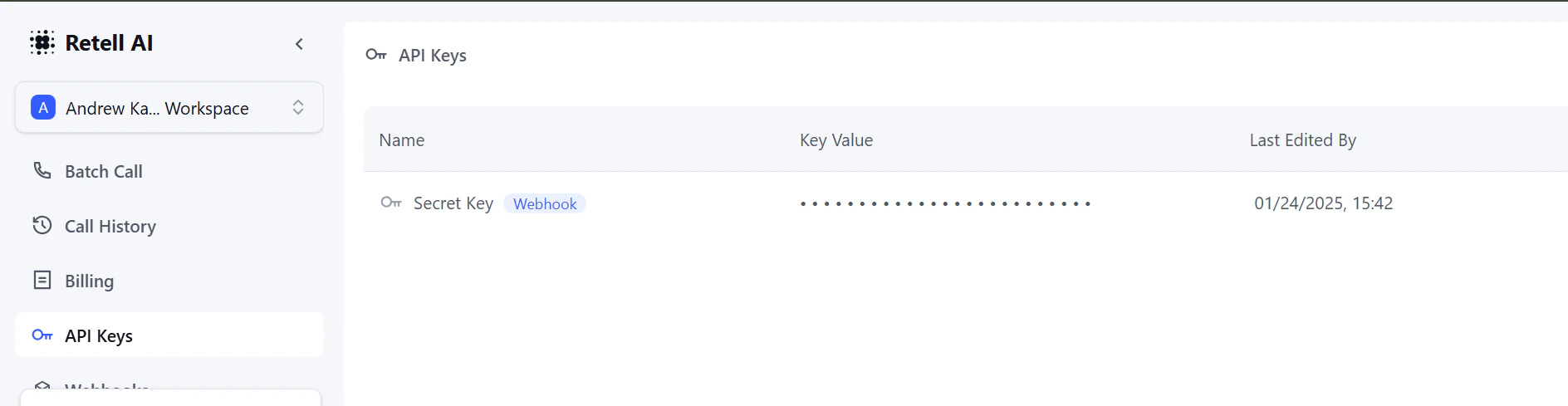 Retell AI API Keys Menu