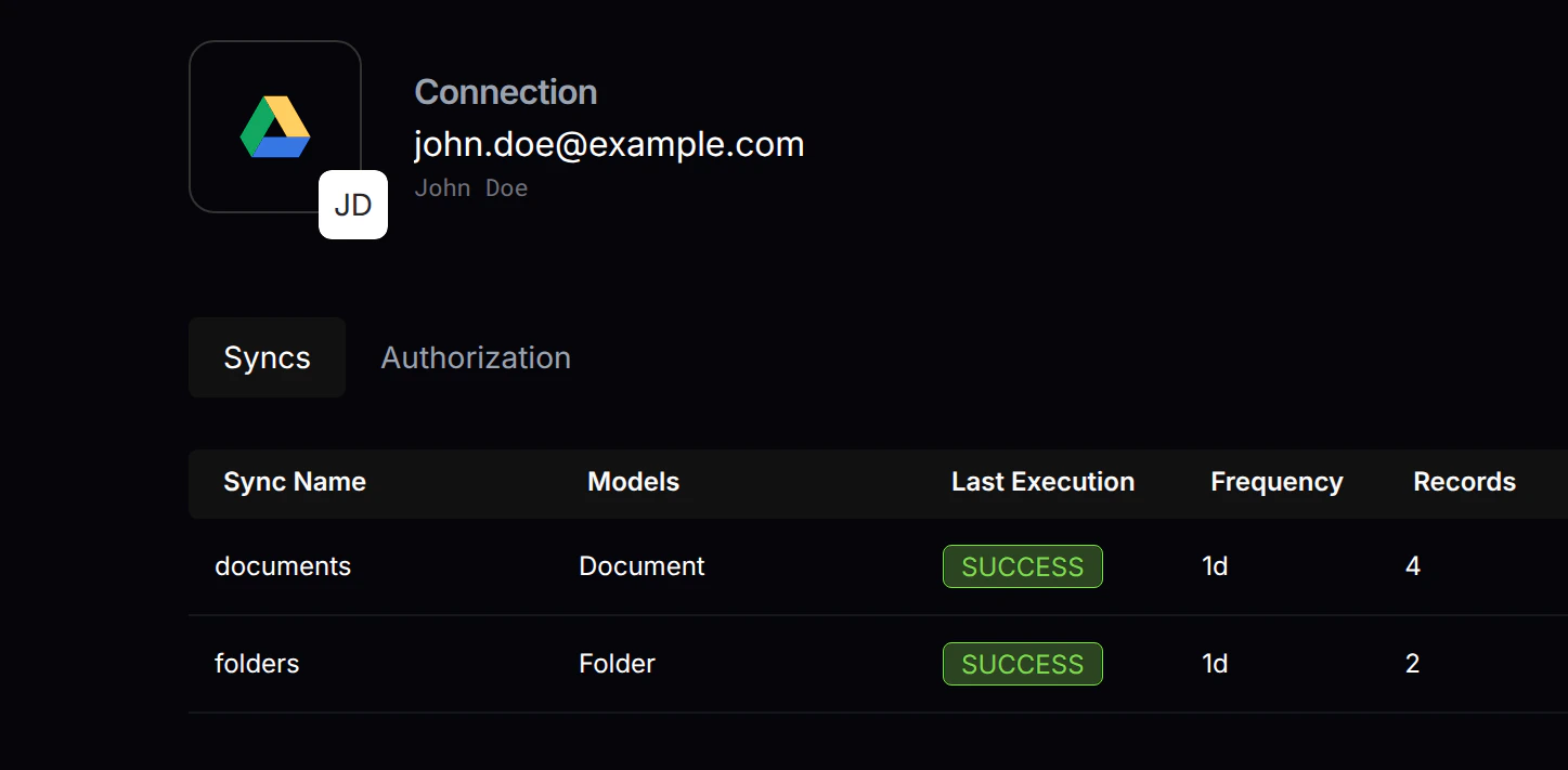 Nango dashboard showing sync status and file list