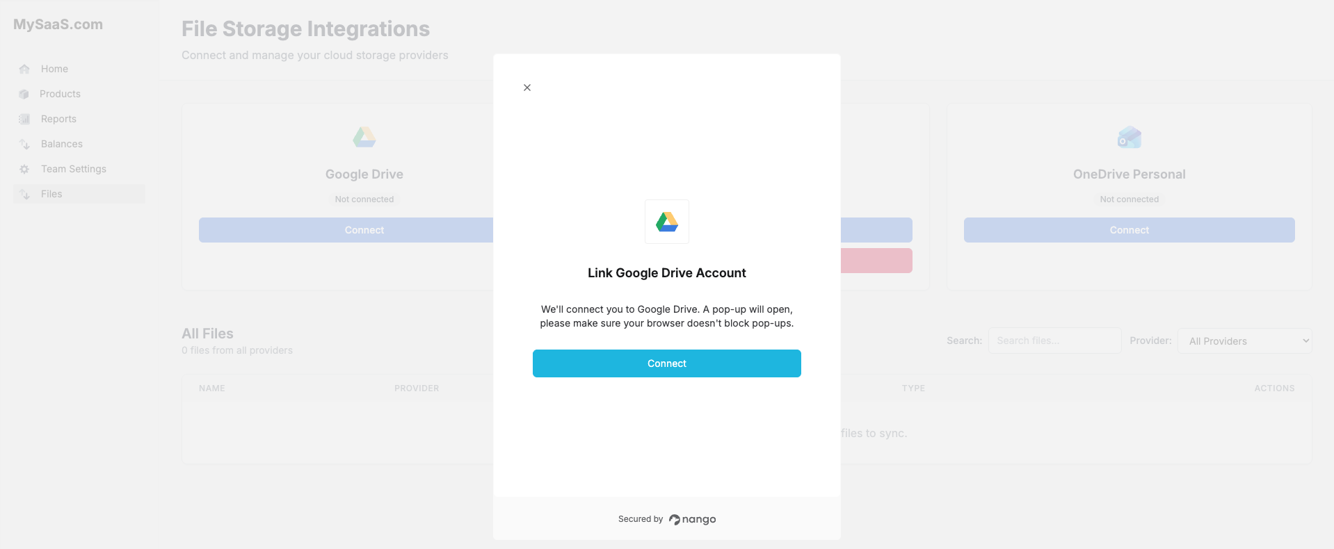 Connect popup with file provider account options