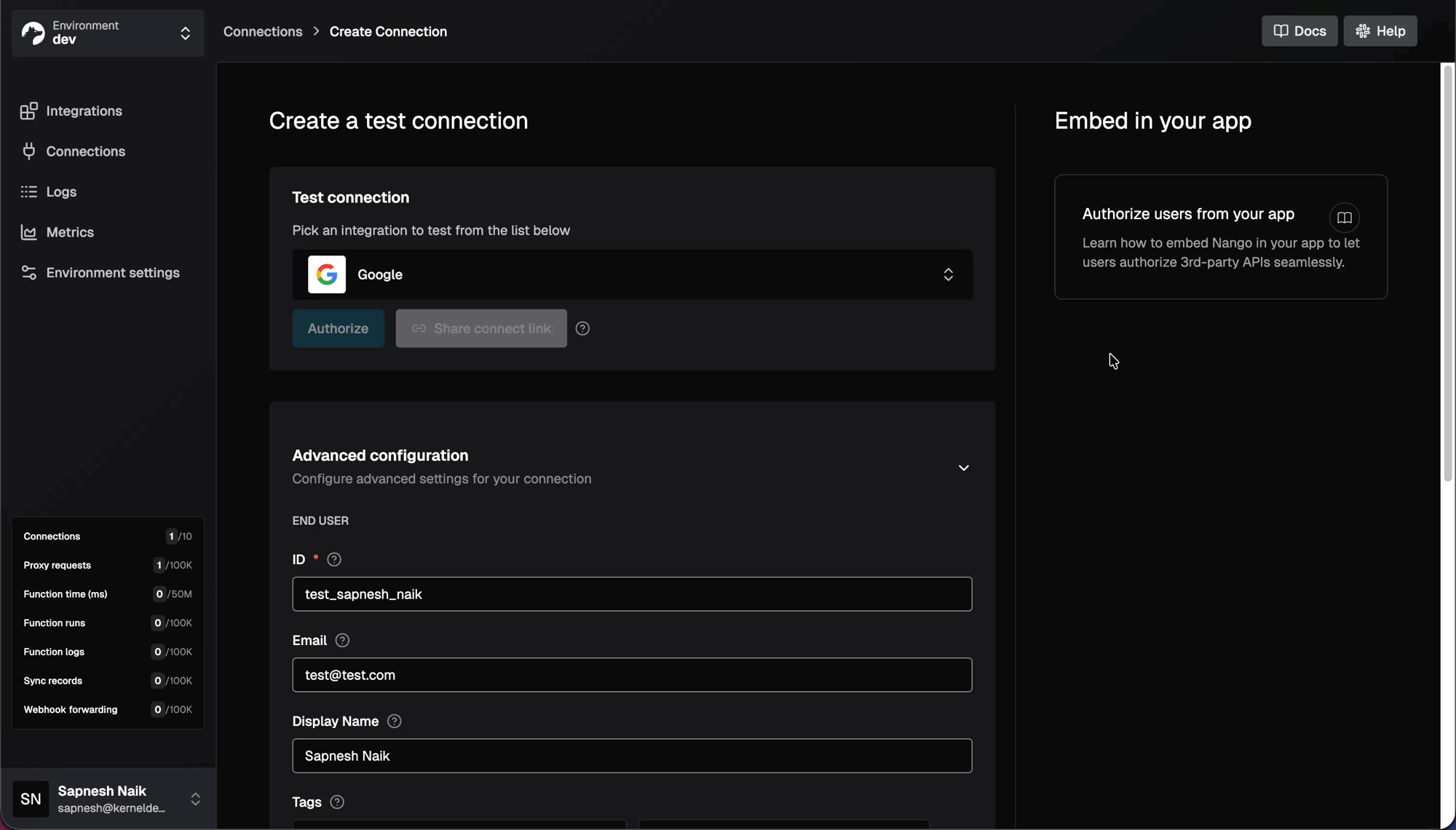 Advanced connection settings