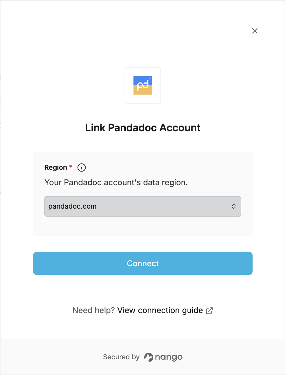 Nango Connect UI form with a required Region dropdown for Pandadoc