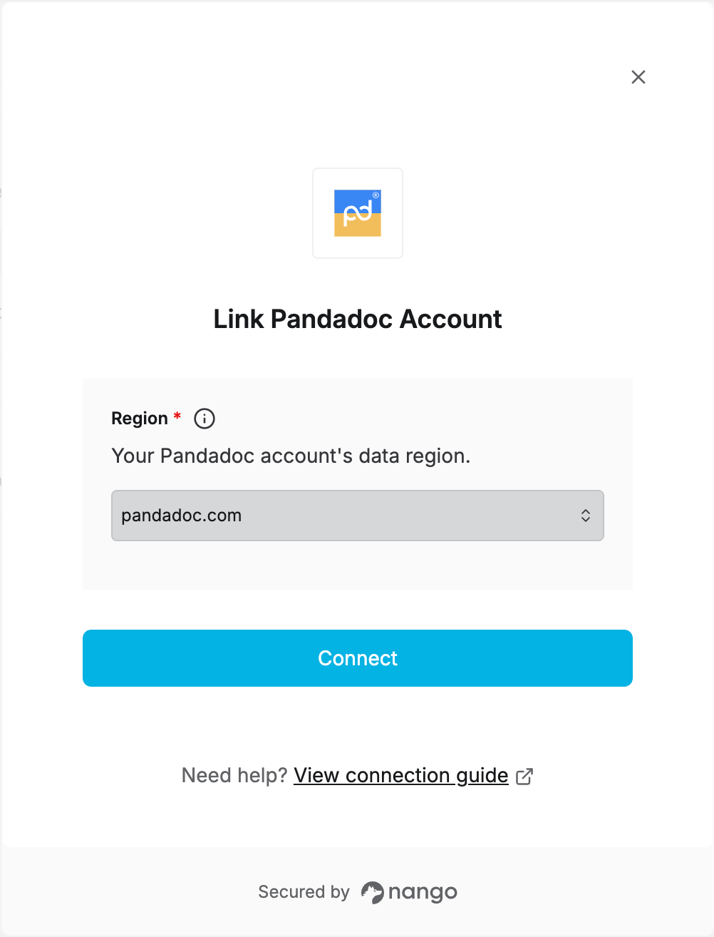 Nango Connect UI form with a required Region dropdown for Pandadoc