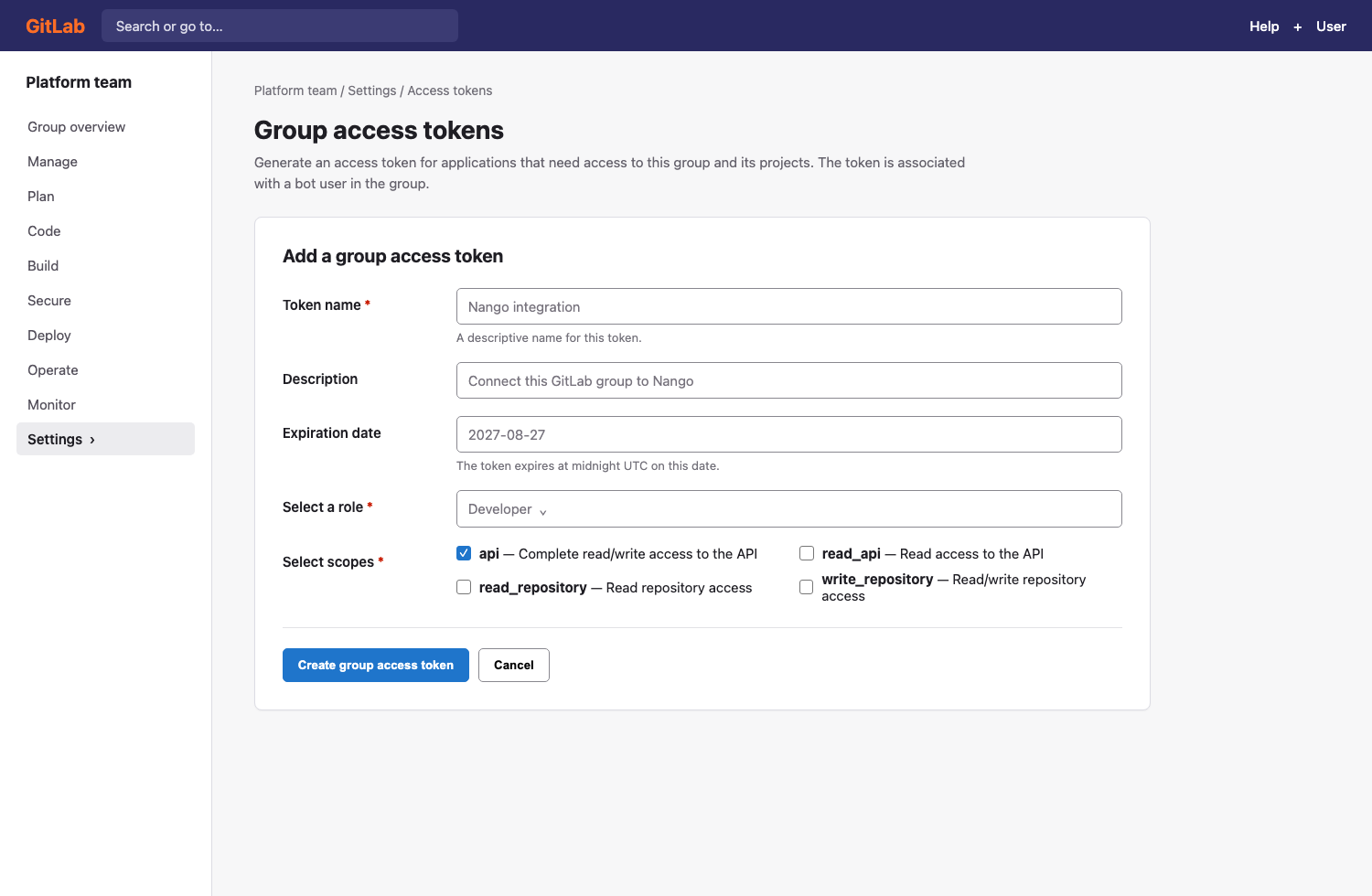 GitLab form for creating a Group Access Token