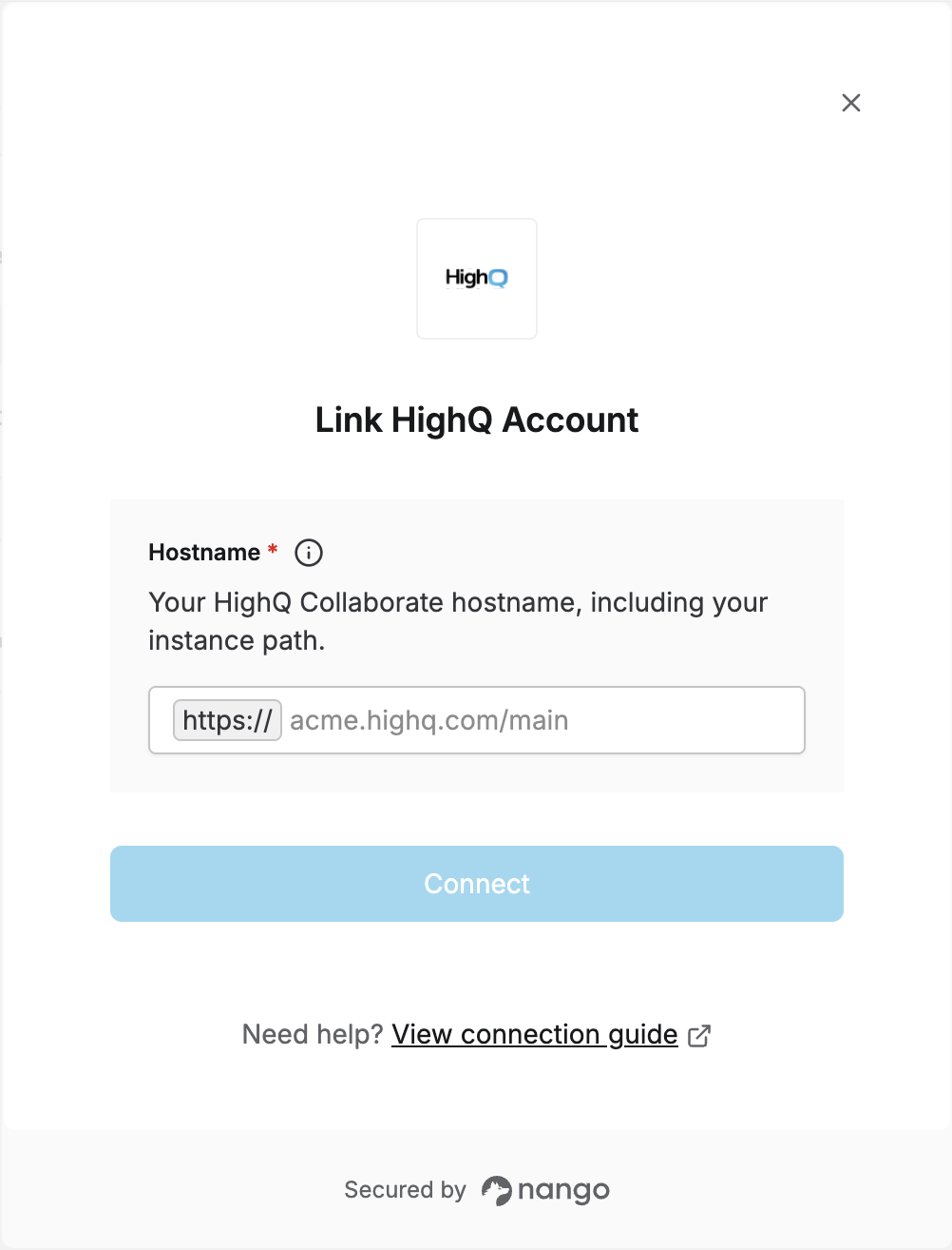 Nango connection form for highq