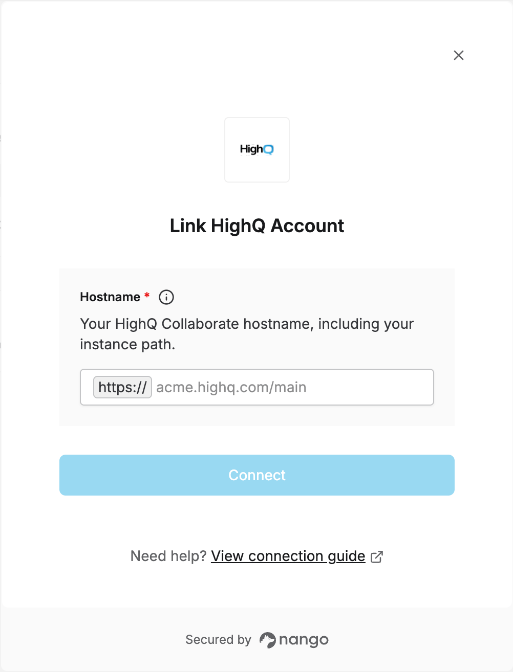 Nango connection form for highq
